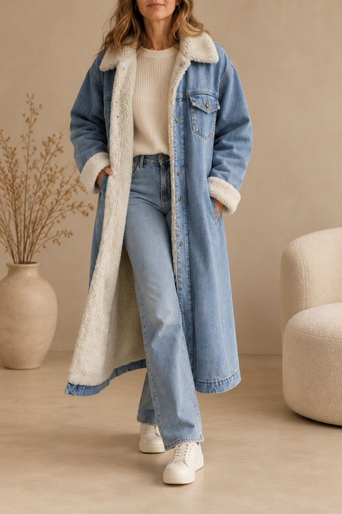 Longue veste en jean avec col en teddy