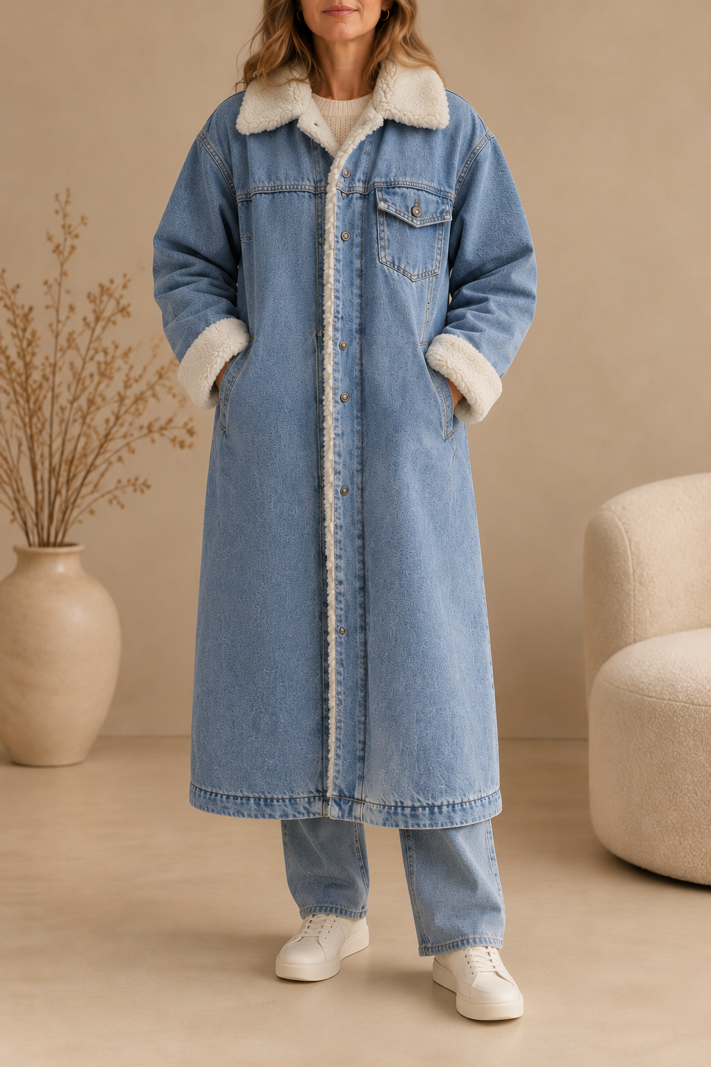 Longue veste en jean avec col en teddy