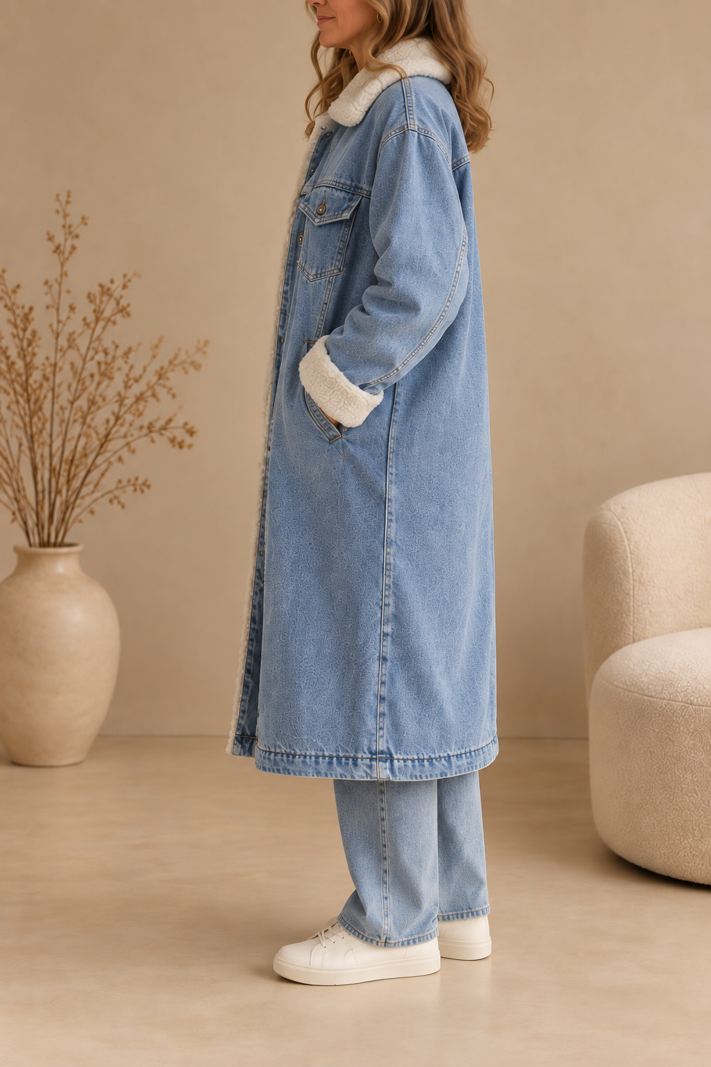 Longue veste en jean avec col en teddy