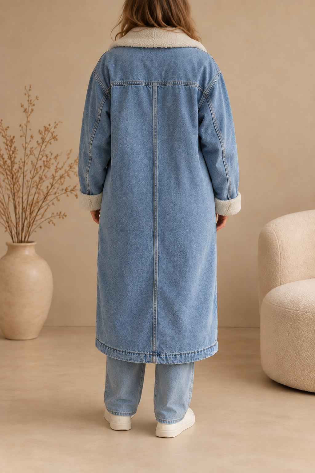 Longue veste en jean avec col en teddy