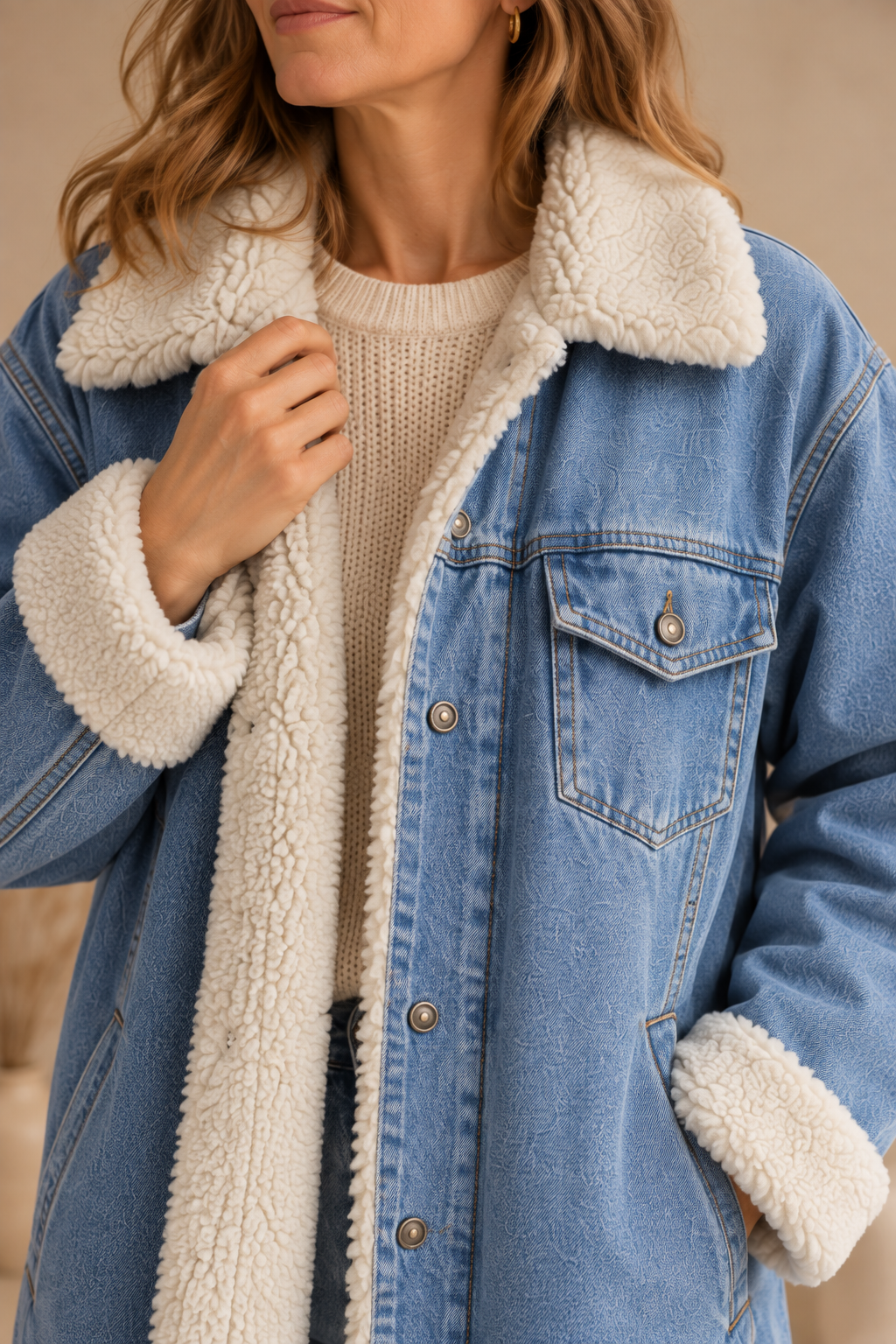 Longue veste en jean avec col en teddy