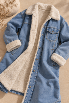 Longue veste en jean avec col en teddy