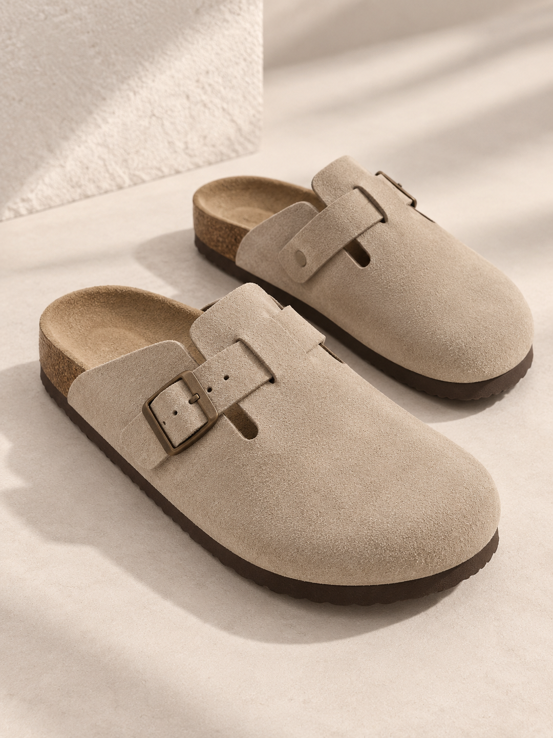 Suède clogs met kurken voetbed