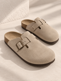 Suède clogs met kurken voetbed