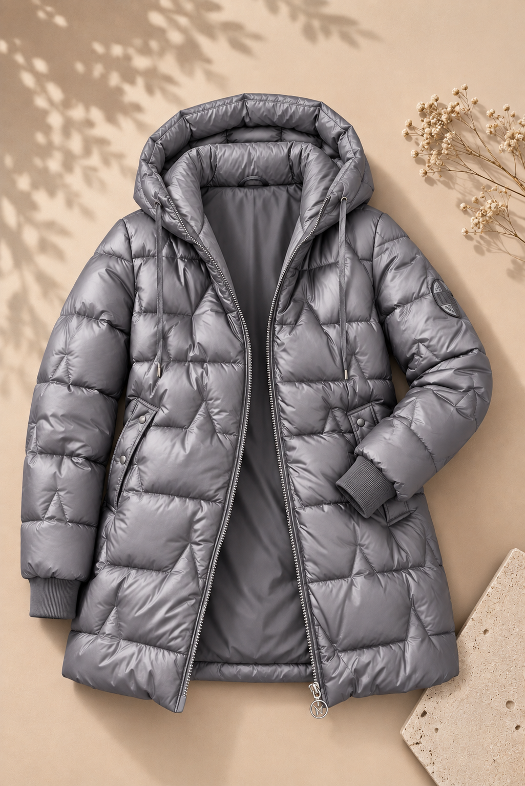 Winterjas dames in het taupegrijs, gewatteerde polyester – Nora Janne