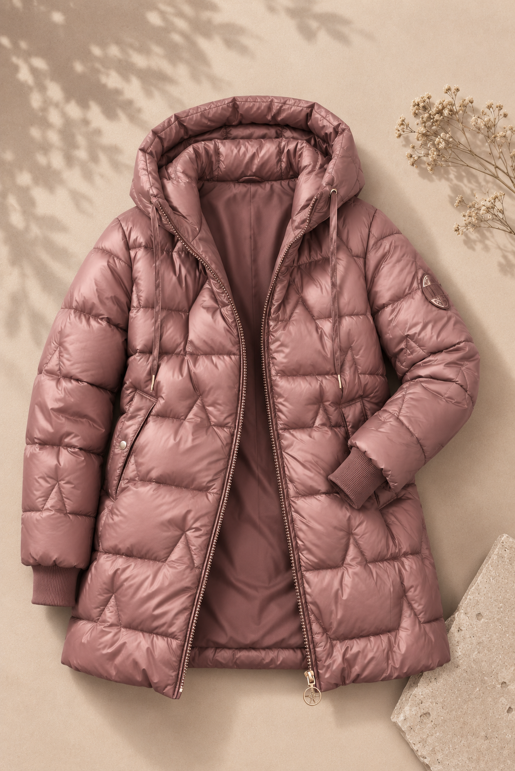 Winterjas dames in het poederroze, gewatteerde polyester – Nora Janne