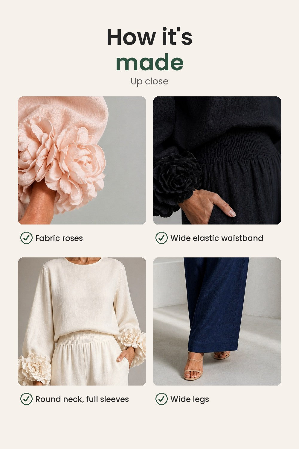 Two-Piece Set with Flower Cuffs – fabric roses, elastic waistband, wide legs