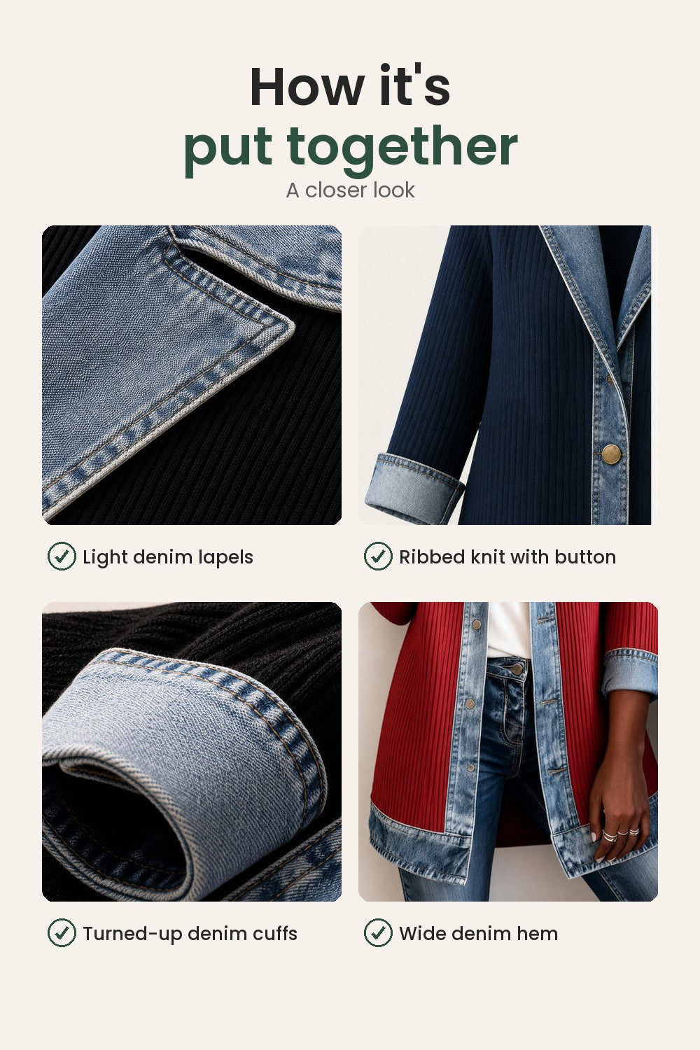 Denim jacket with ribbed knit inserts – how it&