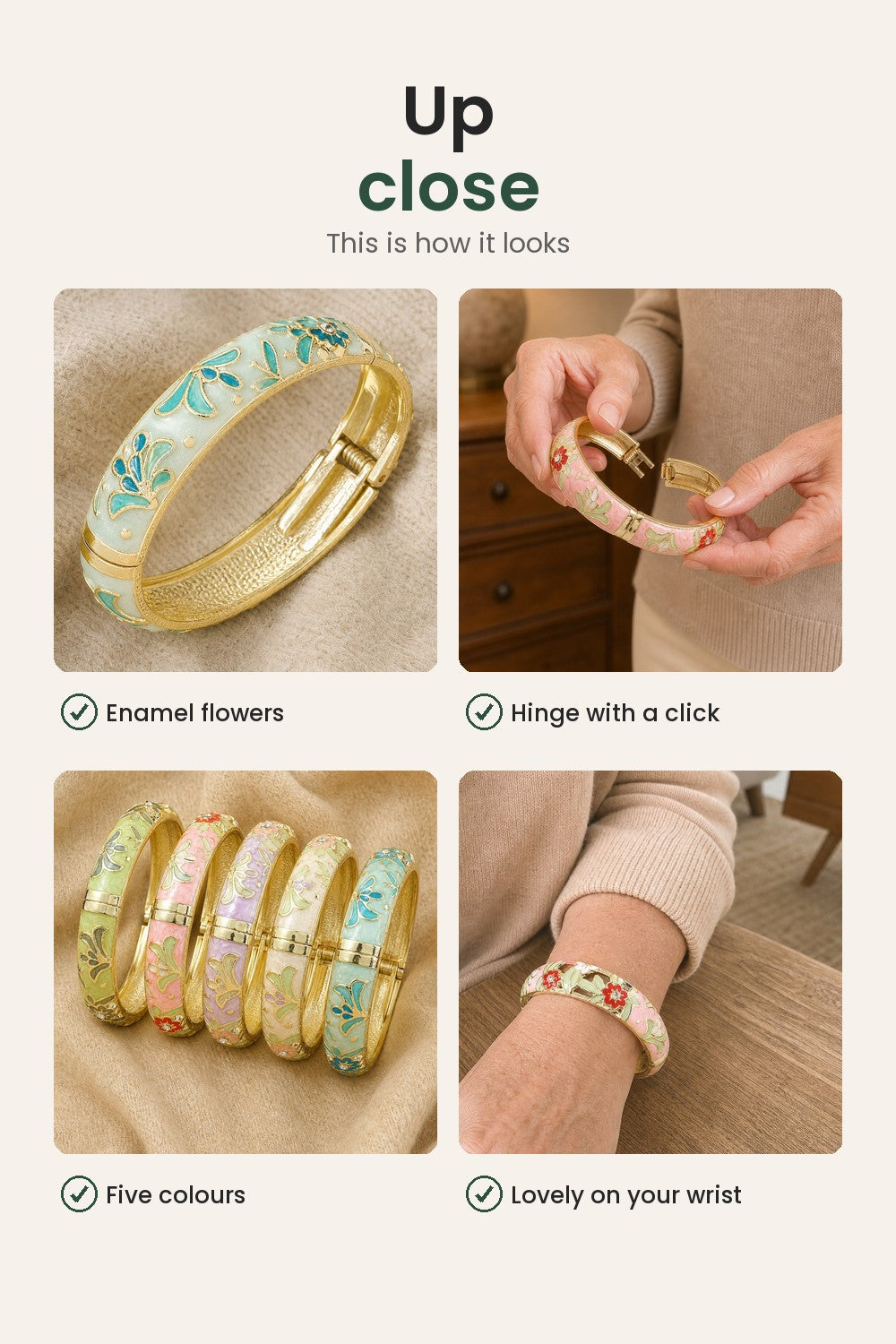 Wide Enamel Flower and Leaf Bangle – up close: enamel flowers, hinge with a click, five colours
