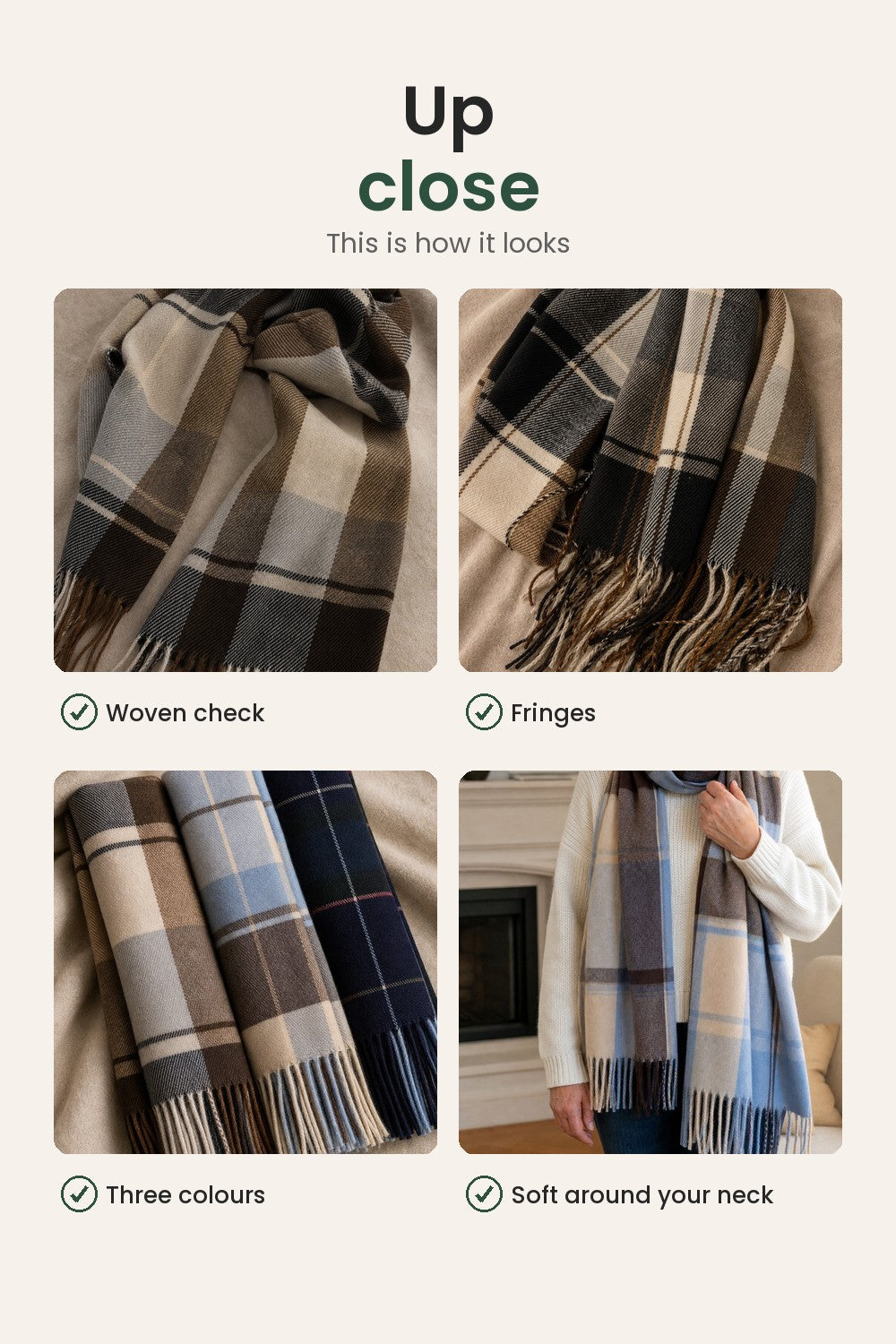 Checked Fringed Scarf – up close: woven check, fringes, three colours