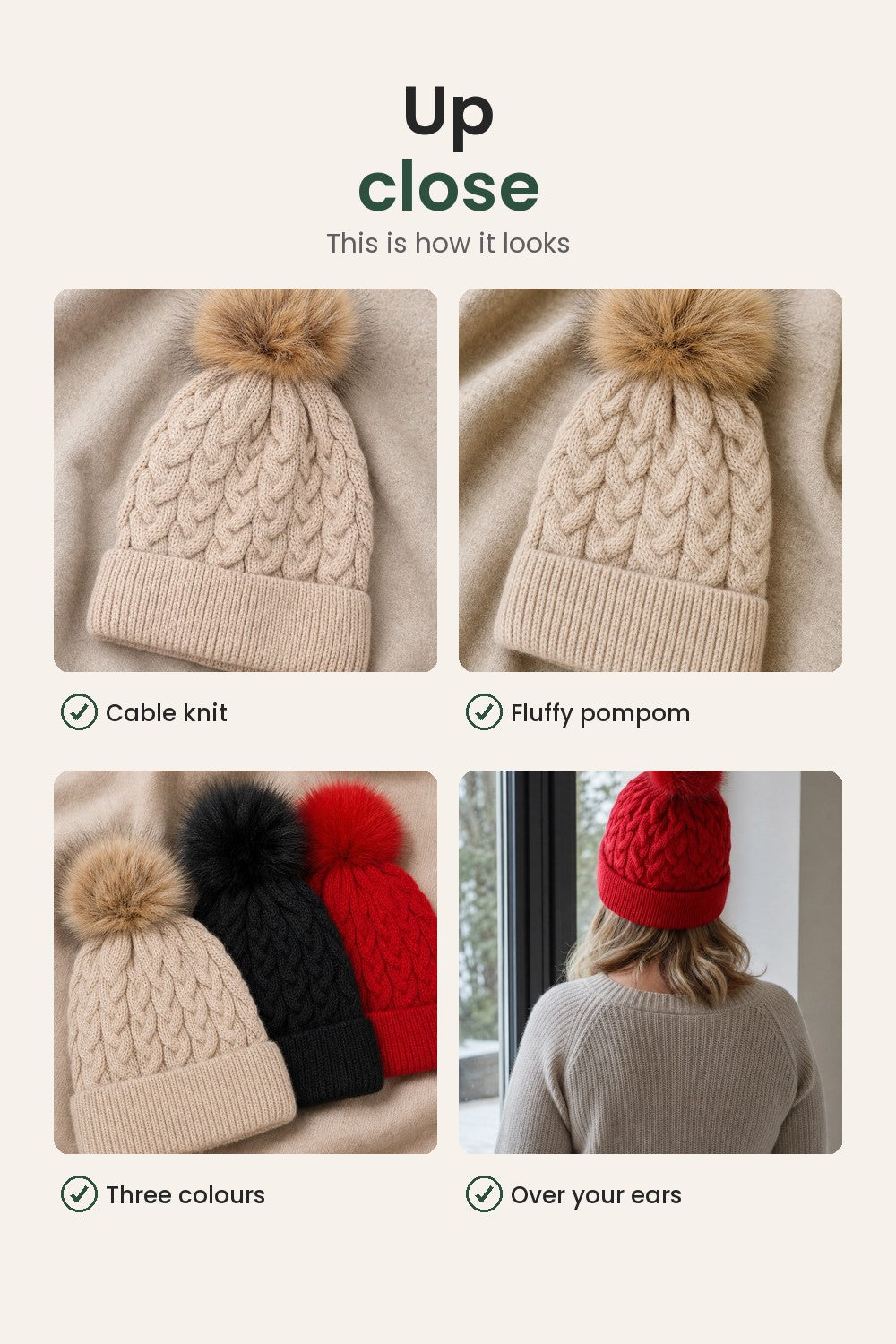 Knitted Pompom Hat – up close: cable knit, fluffy pompom, three colours