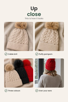[en] Knitted Pompom Hat – up close: cable knit, fluffy pompom, three colours