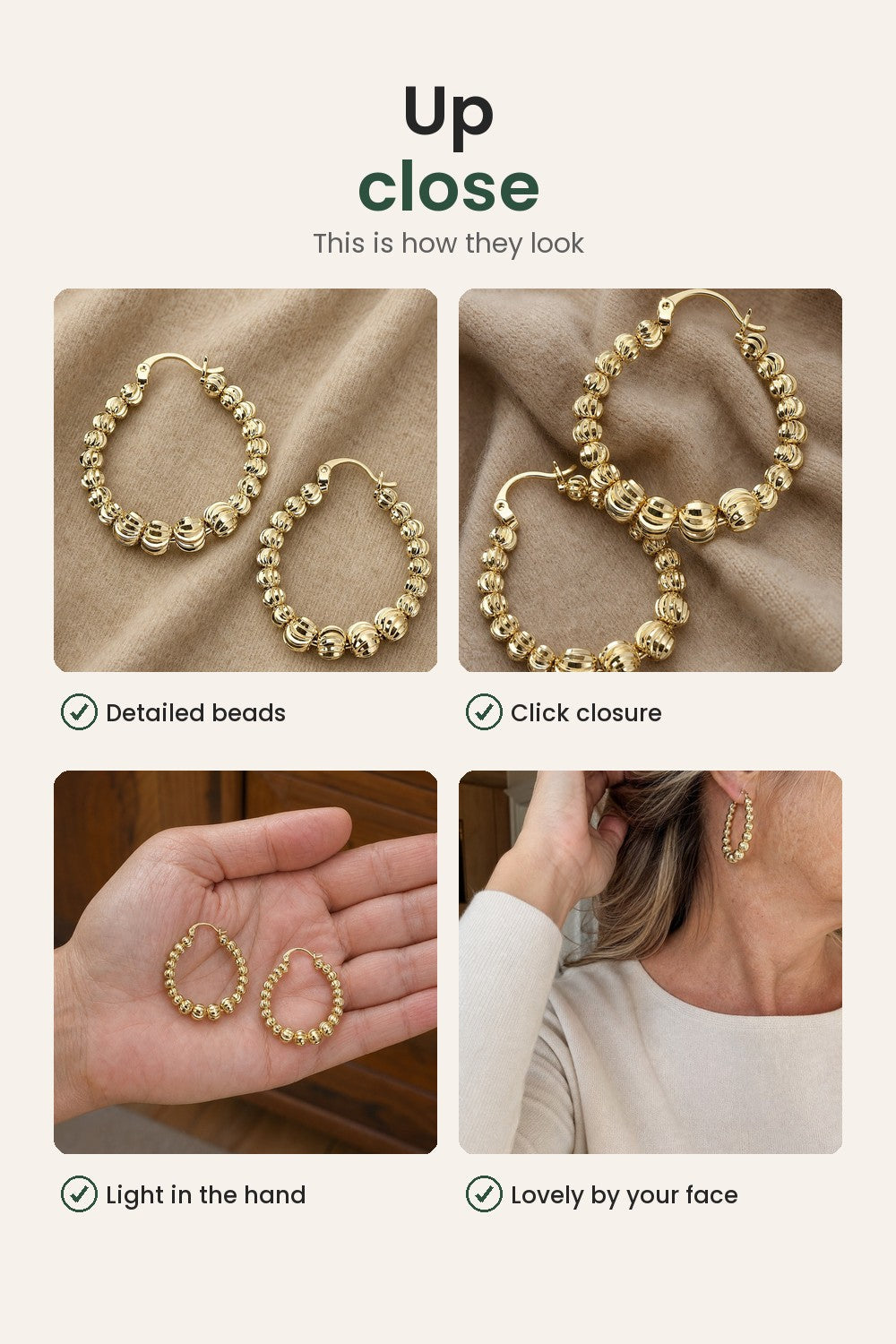 Gold Beaded Hoop Earrings – up close: detailed beads, click closure, light in the hand
