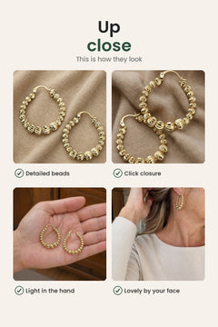 [en] Gold Beaded Hoop Earrings – up close: detailed beads, click closure, light in the hand