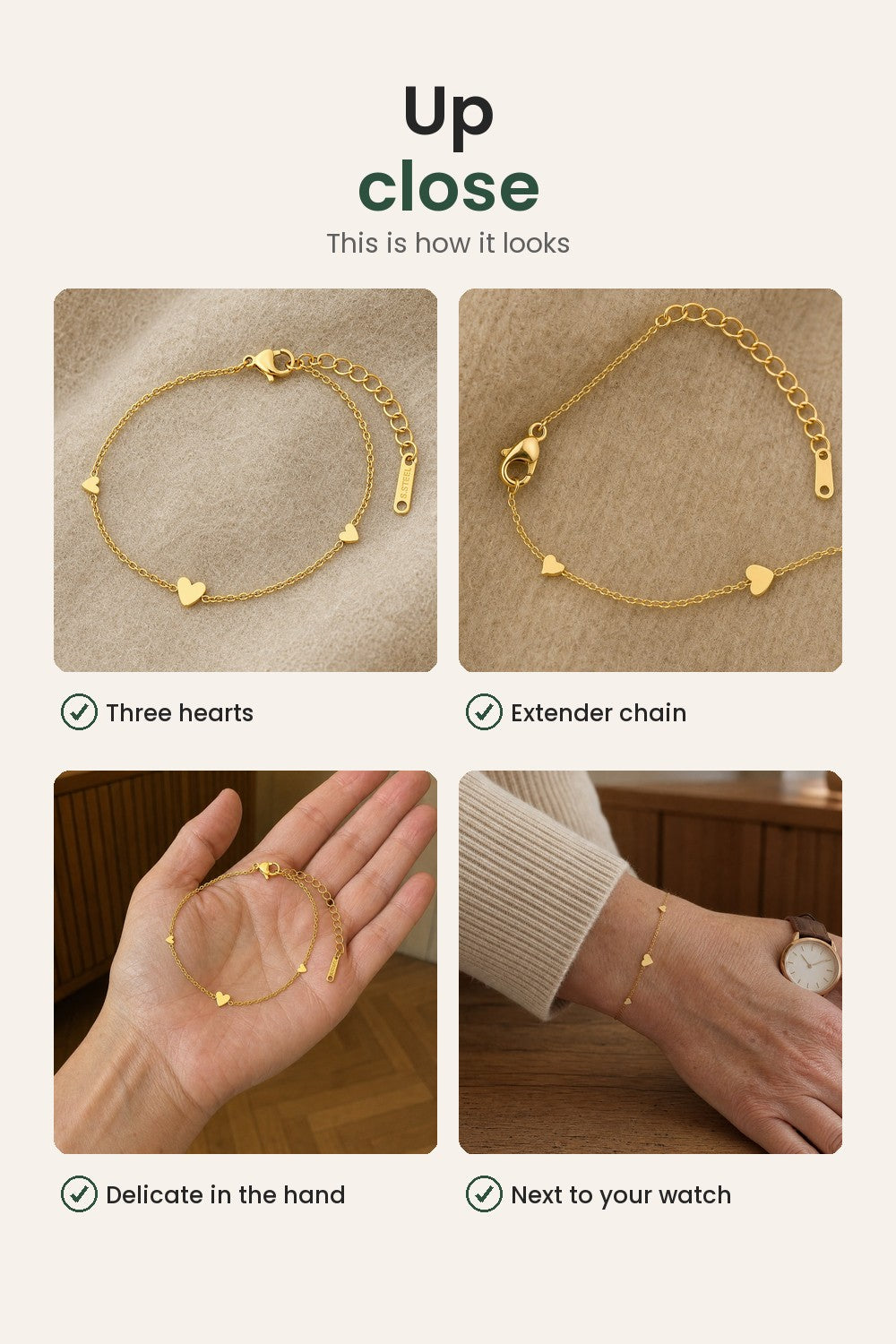 Three Gold Hearts Bracelet – up close: three hearts, extender chain, delicate in the hand