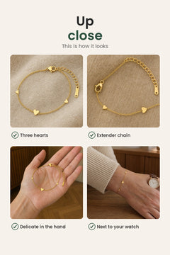 [en] Three Gold Hearts Bracelet – up close: three hearts, extender chain, delicate in the hand
