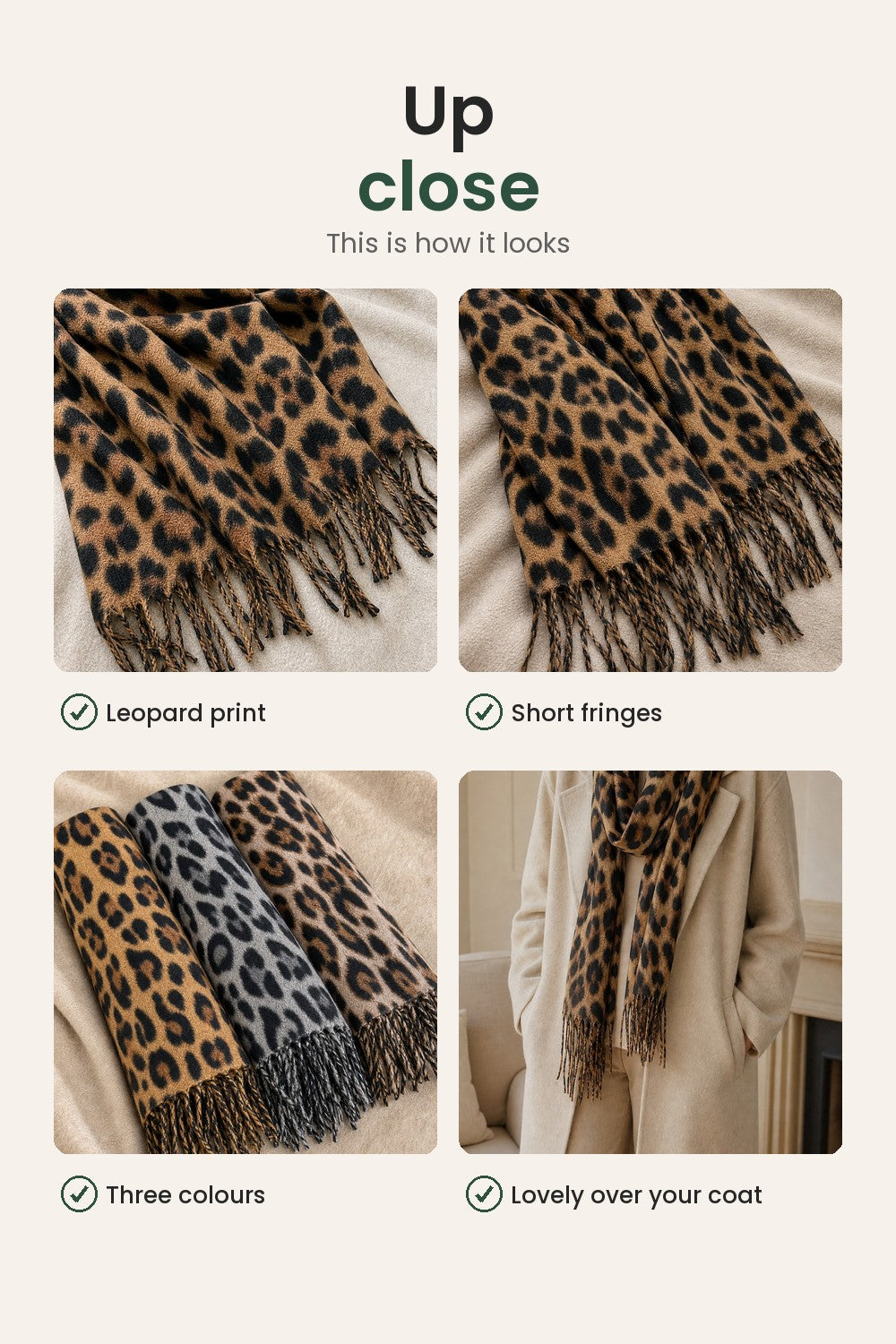 Leopard Print Scarf – up close: leopard print, short fringes, three colours