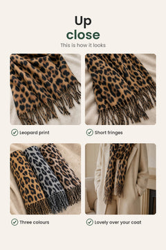 [en] Leopard Print Scarf – up close: leopard print, short fringes, three colours
