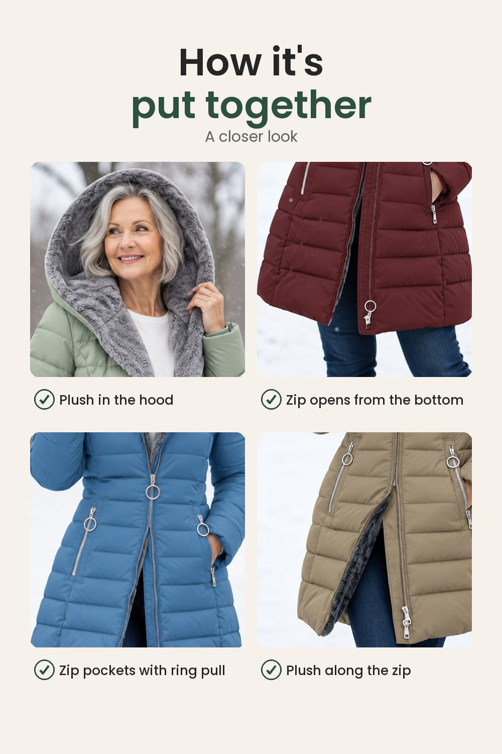 Long padded winter coat with plush hood – how it&
