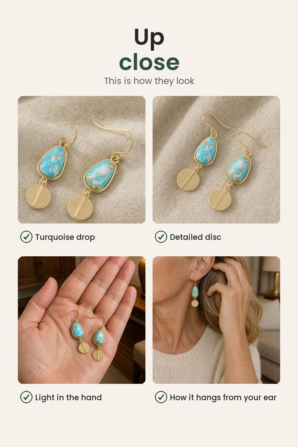 Turquoise Drop Earrings with Gold-Tone Disc – up close: turquoise drop, detailed disc, light in the hand