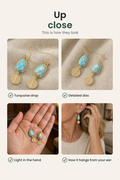 [en] Turquoise Drop Earrings with Gold-Tone Disc – up close: turquoise drop, detailed disc, light in the hand