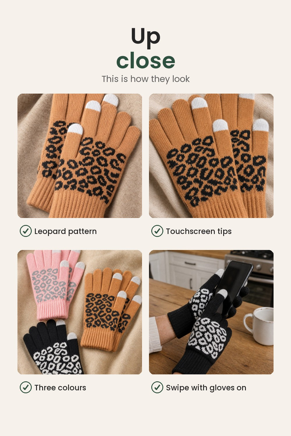 Jacquard Touchscreen Gloves – up close: leopard pattern, touchscreen tips, three colours