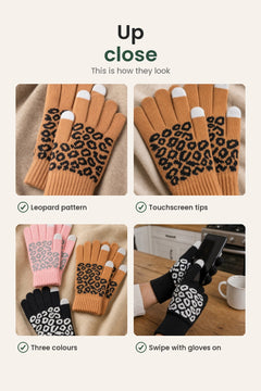 [en] Jacquard Touchscreen Gloves – up close: leopard pattern, touchscreen tips, three colours