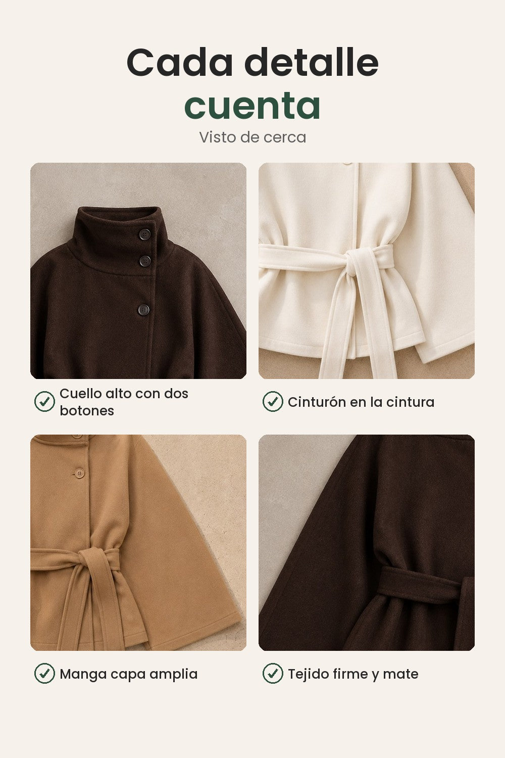 Abrigo capa con cuello alzado y cinturón – cada detalle cuenta: cuello alto con dos botones, cinturón en la cintura, manga capa amplia, tejido firme y mate