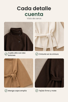 [es] Abrigo capa con cuello alzado y cinturón – cada detalle cuenta: cuello alto con dos botones, cinturón en la cintura, manga capa amplia, tejido firme y mate