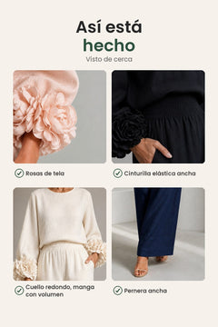 [es] Conjunto de dos piezas con puños florales – rosas de tela, cinturilla elástica, pernera ancha