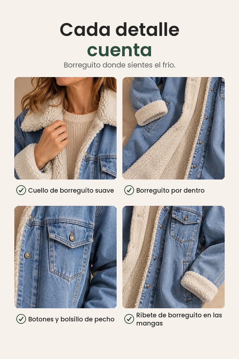 Chaqueta vaquera larga con cuello de borreguito – cada detalle cuenta: cuello de borreguito suave, borreguito por dentro, botones y bolsillo de pecho, ribete de borreguito en las mangas