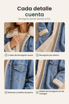 [es] Chaqueta vaquera larga con cuello de borreguito – cada detalle cuenta: cuello de borreguito suave, borreguito por dentro, botones y bolsillo de pecho, ribete de borreguito en las mangas