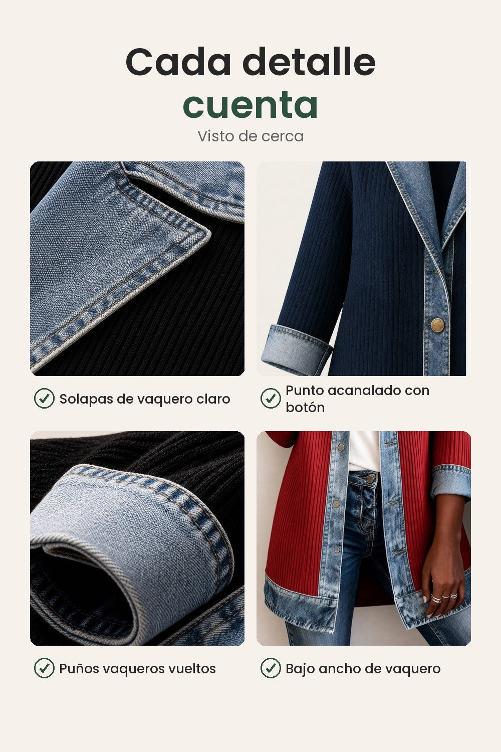 Chaqueta vaquera con paneles de punto acanalado – cada detalle cuenta: solapas de vaquero claro, punto acanalado con botón, puños vaqueros vueltos, bajo ancho de vaquero