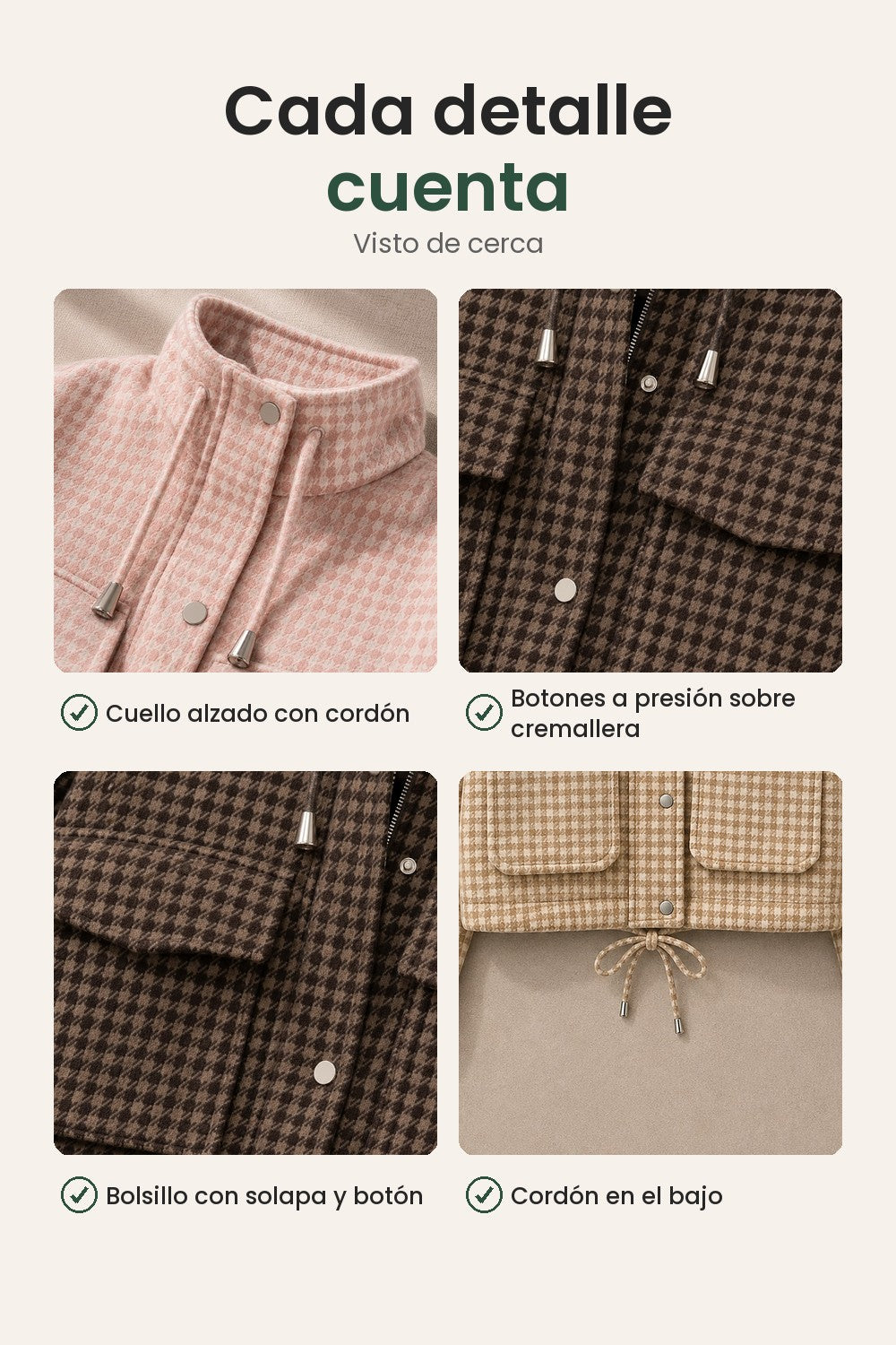 Chaqueta corta de cuadros con cuello alzado – cada detalle cuenta: cuello alzado con cordón, botones a presión sobre cremallera, bolsillo con solapa y botón, cordón en el bajo