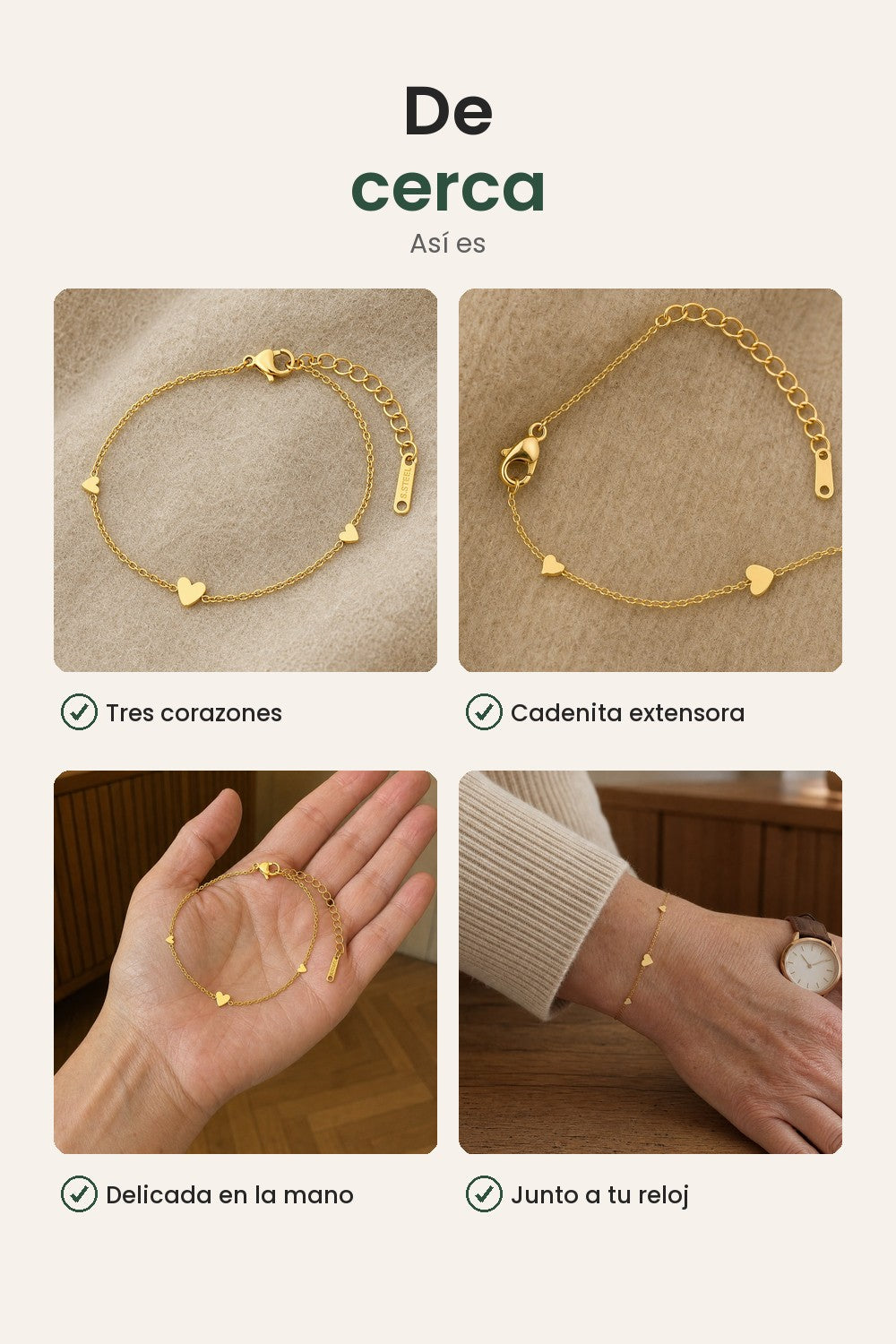 Pulsera con tres corazones dorados – de cerca: tres corazones, cadenita extensora, delicada en la mano