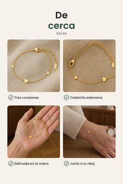 [es] Pulsera con tres corazones dorados – de cerca: tres corazones, cadenita extensora, delicada en la mano