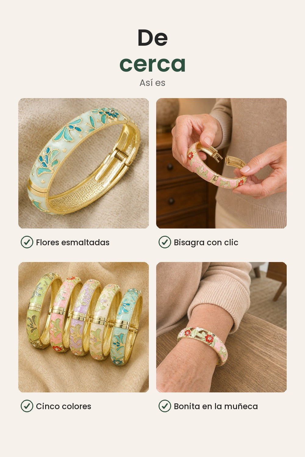 Pulsera ancha con flores y hojas esmaltadas – de cerca: flores esmaltadas, bisagra con clic, cinco colores