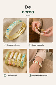 [es] Pulsera ancha con flores y hojas esmaltadas – de cerca: flores esmaltadas, bisagra con clic, cinco colores
