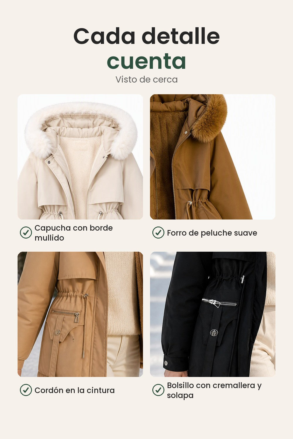 Parka de invierno acolchada con capucha – cada detalle cuenta: capucha con borde mullido, forro de peluche suave, cordón en la cintura, bolsillo con cremallera y solapa