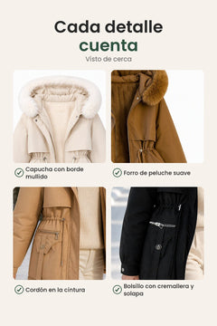 [es] Parka de invierno acolchada con capucha – cada detalle cuenta: capucha con borde mullido, forro de peluche suave, cordón en la cintura, bolsillo con cremallera y solapa