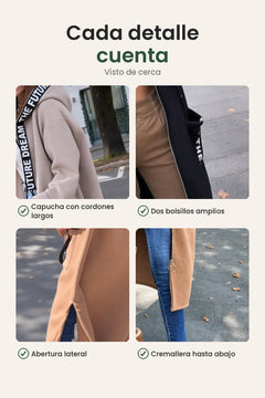 [es] Chaqueta larga con capucha – cada detalle cuenta: capucha con cordones largos, dos bolsillos amplios, abertura lateral, cremallera hasta abajo