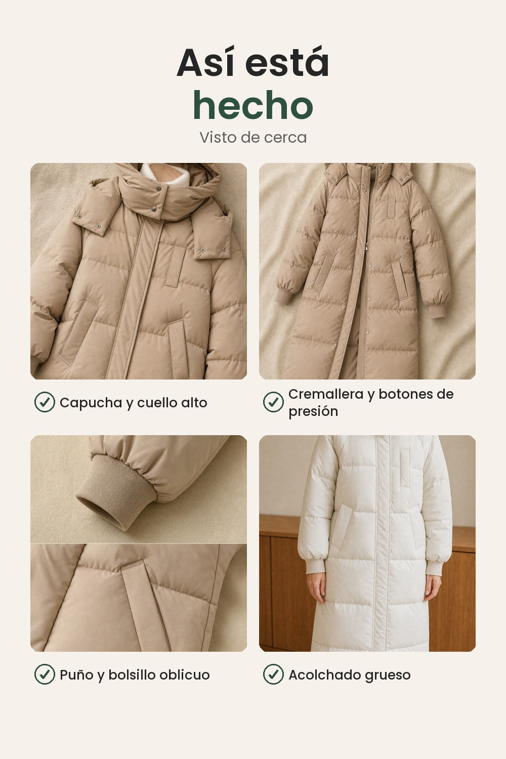 Abrigo de invierno largo acolchado con capucha – así está hecho: capucha y cuello alto, cremallera y botones de presión, puño y bolsillo oblicuo