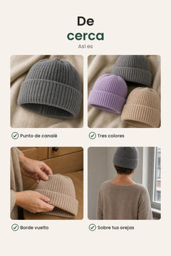 [es] Gorro de punto liso – de cerca: punto de canalé, tres colores, borde vuelto