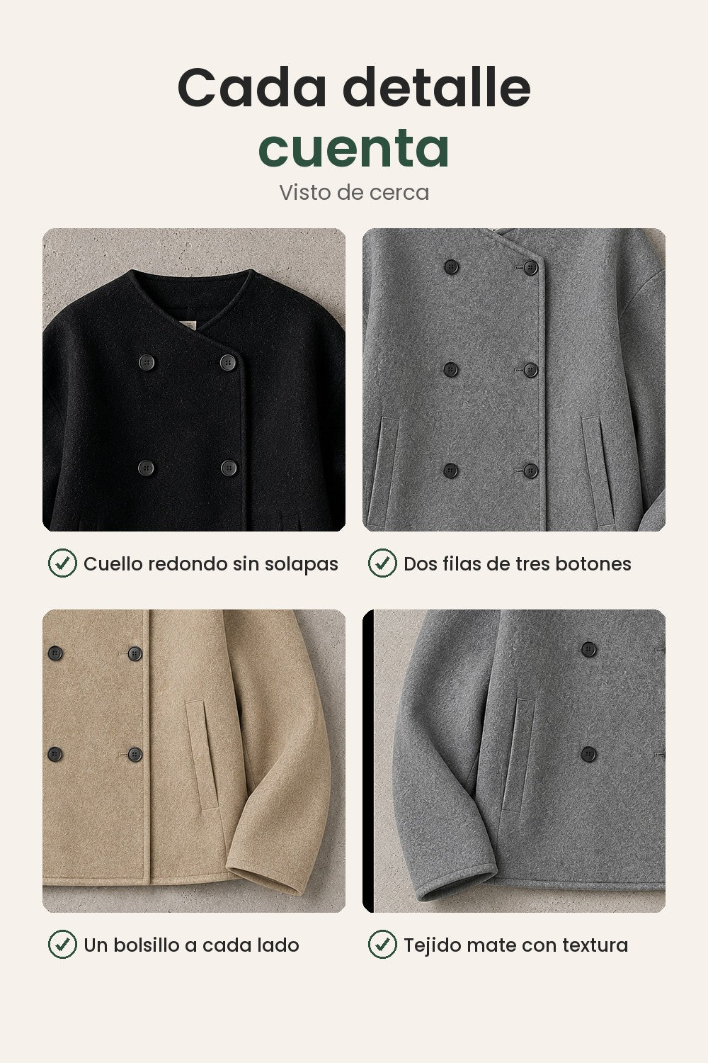 Chaqueta corta con cuello alzado y doble botonadura – cada detalle cuenta: cuello redondo sin solapas, dos filas de tres botones, un bolsillo a cada lado, tejido mate con textura