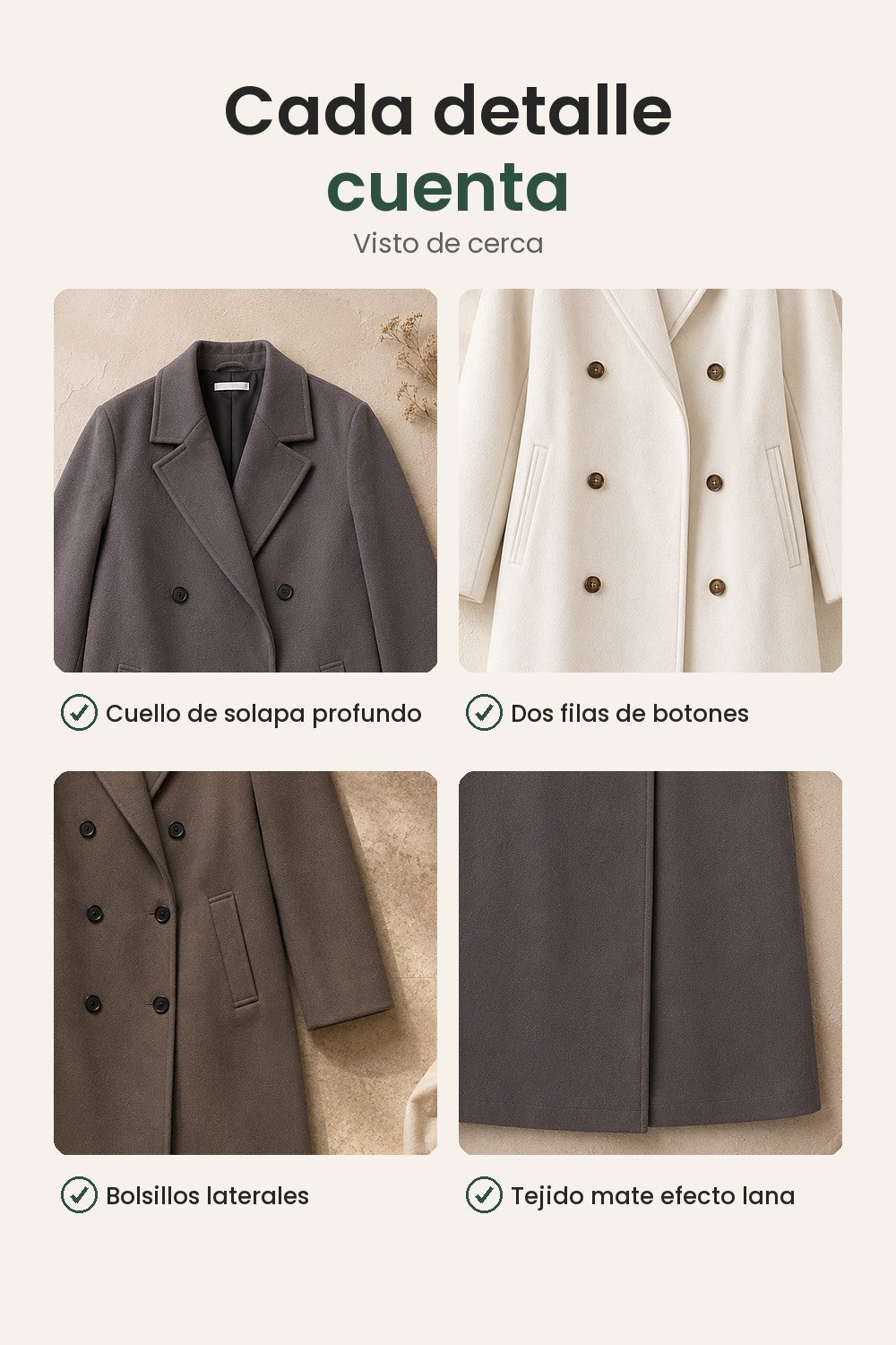 Abrigo clásico con cuello de solapa y doble botonadura – cada detalle cuenta: cuello de solapa profundo, dos filas de botones, bolsillos laterales, tejido mate efecto lana