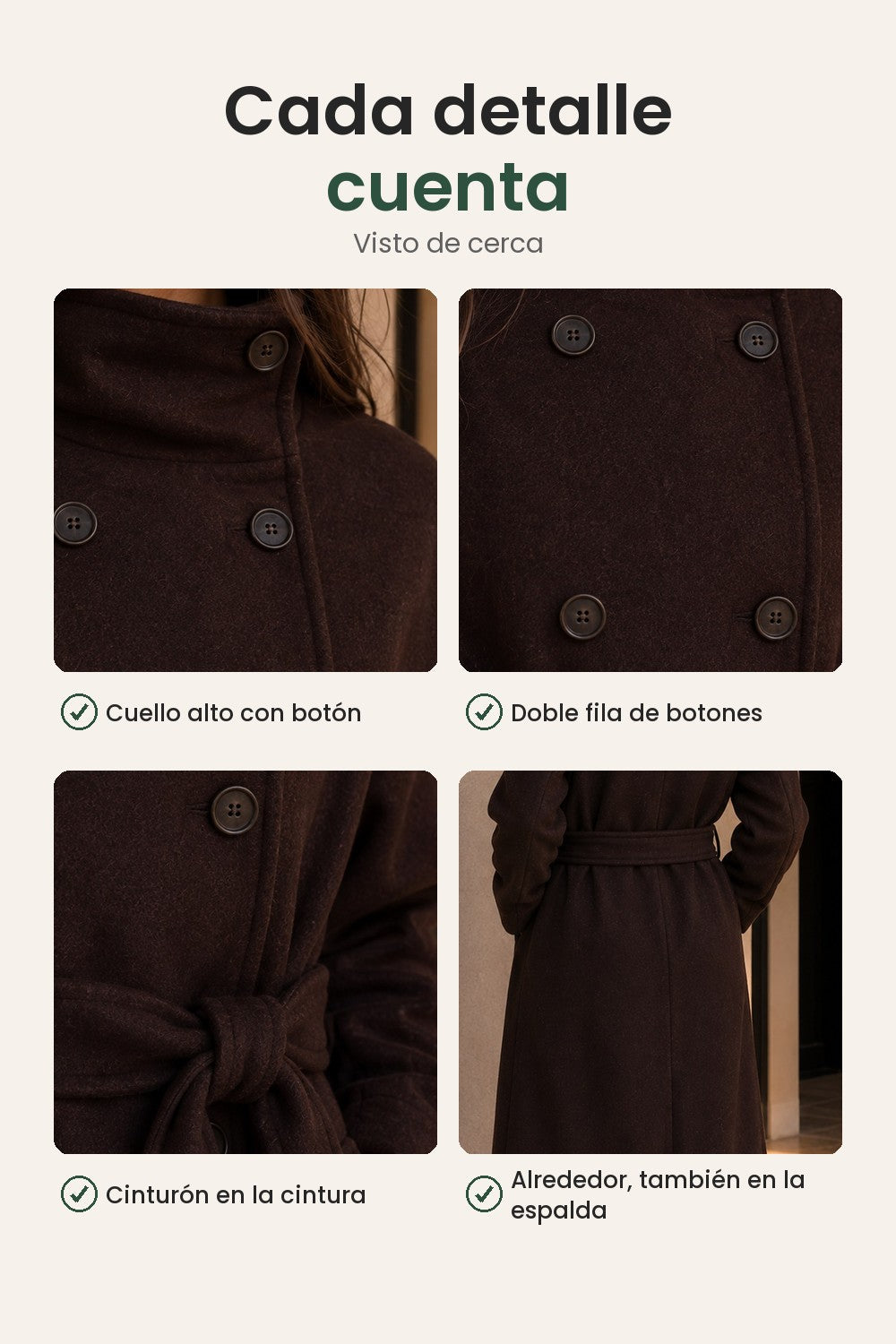 Gabardina larga con cinturón – cada detalle cuenta: cuello alto con botón, doble fila de botones, cinturón en la cintura, alrededor, también en la espalda