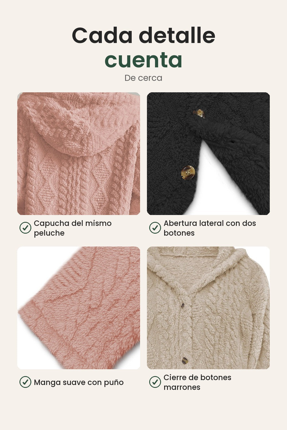 Chaqueta de peluche con capucha y trenzado – cada detalle cuenta: capucha, abertura lateral con botones, manga con puño, cierre de botones