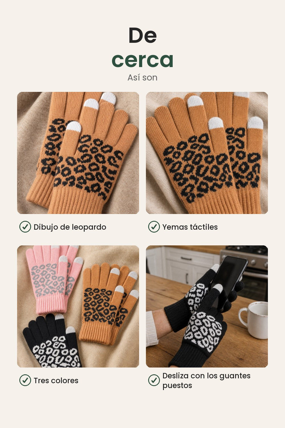 Guantes de jacquard para pantalla táctil – de cerca: dibujo de leopardo, yemas táctiles, tres colores