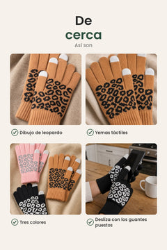 [es] Guantes de jacquard para pantalla táctil – de cerca: dibujo de leopardo, yemas táctiles, tres colores