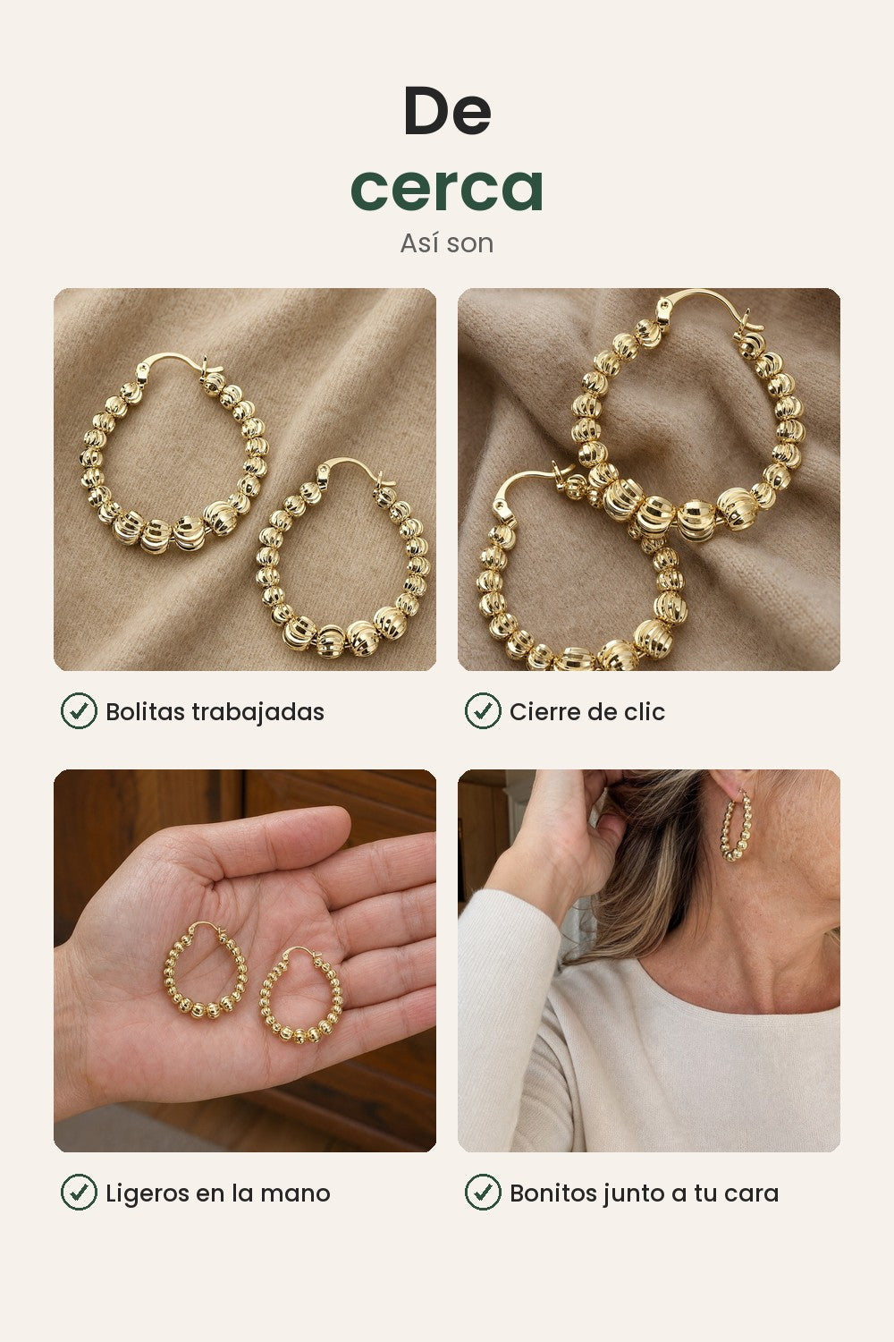 Aros dorados con bolitas – de cerca: bolitas trabajadas, cierre de clic, ligeros en la mano